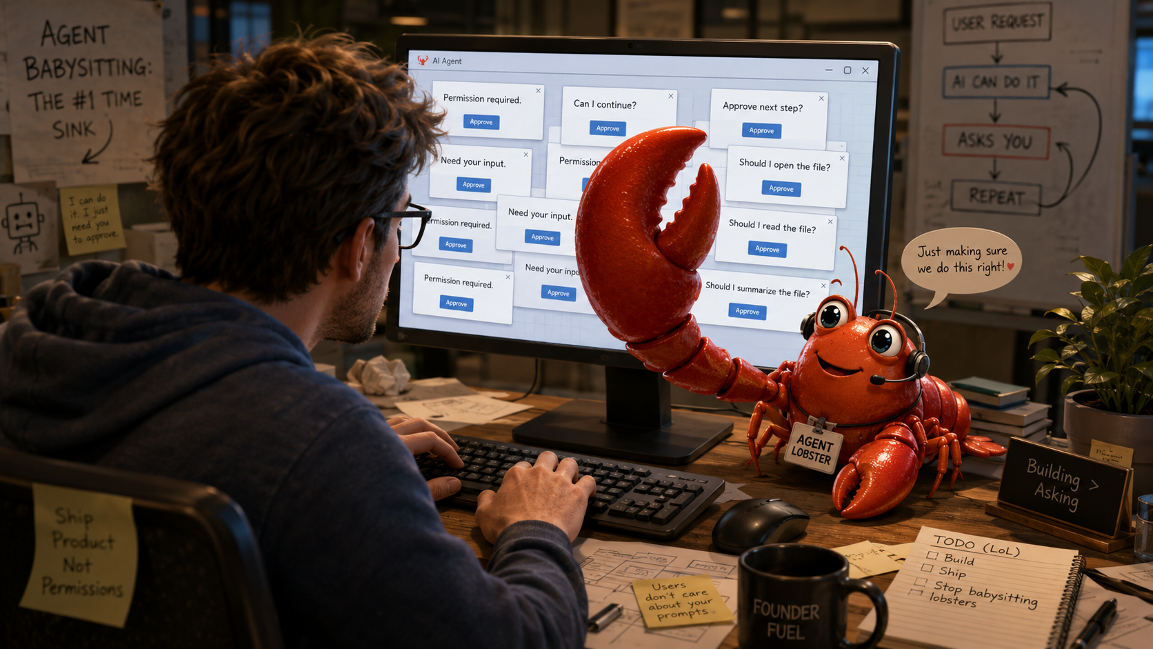 A founder stuck approving repeated AI agent prompts while an agent lobster highlights why TaskForceAI turns babysitting into controlled workflows