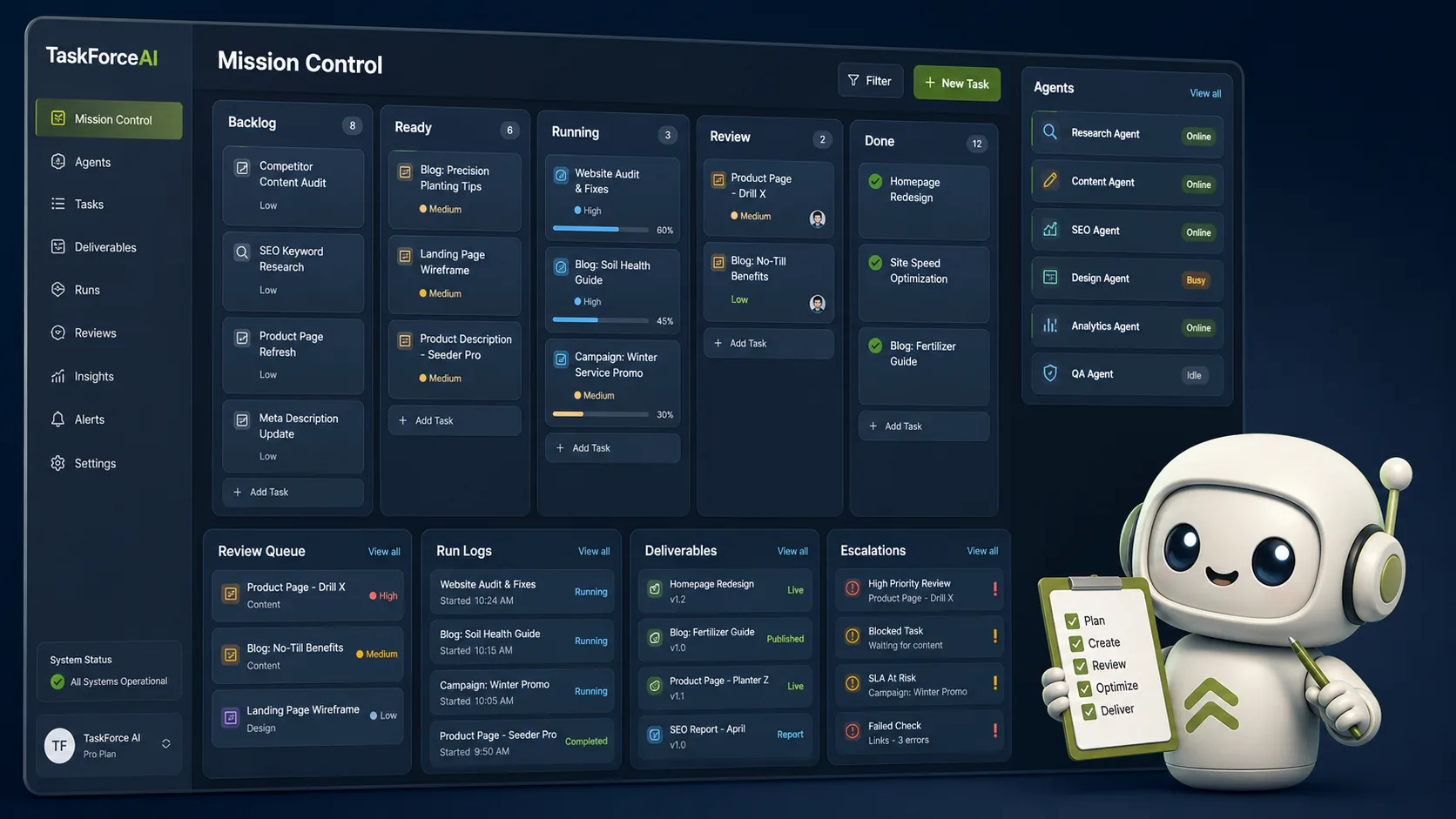 Layered TaskForceAI product screens showing mission planning, task queues, run logs, and agent operations