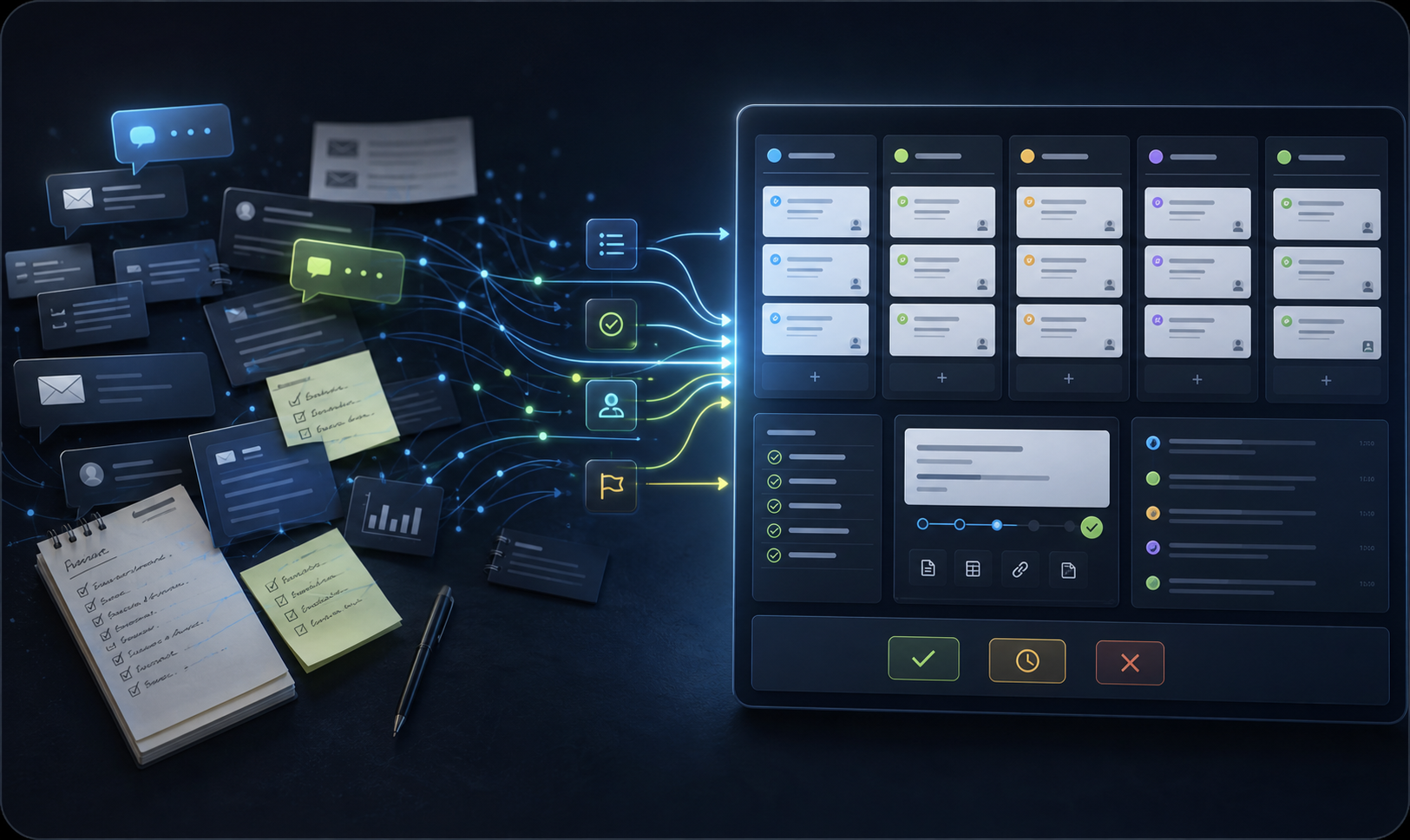 Scattered AI chats and loose task fragments becoming a structured TaskForceAI Agent OS command board